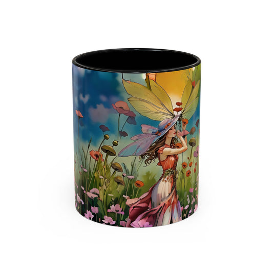 Mug - Girl with Hat and Chiffon Dress in Flower Field Art Coffee Mug (11, 15oz) by Fairyhill Studio