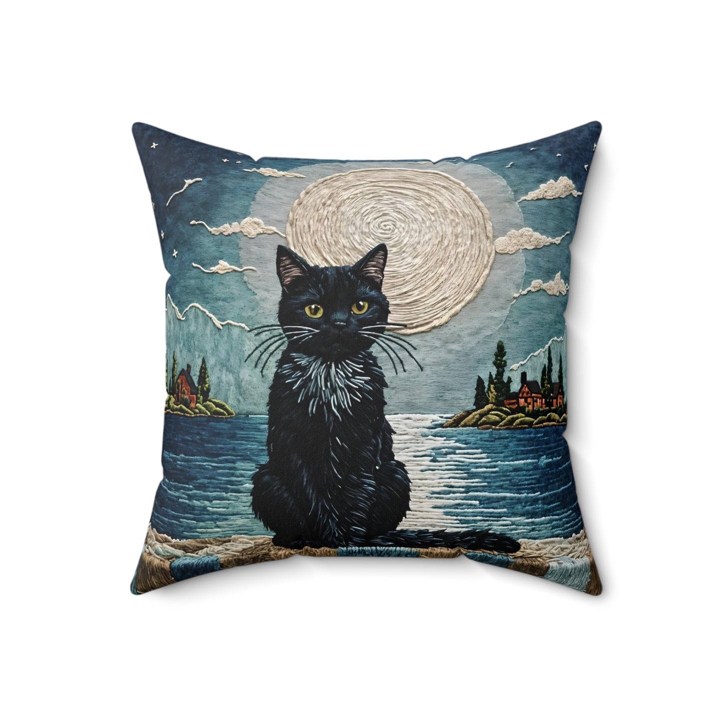 Square Pillow - Cute Black Cat Sitting on Wall Sea View Moonlight Design