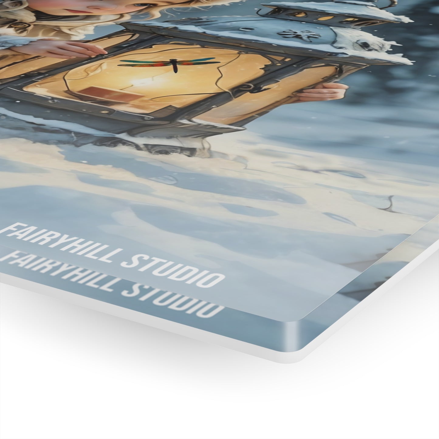 Acrylic Print - Cute Elf with Dragonfly Lantern in Winter Snow Holiday Art