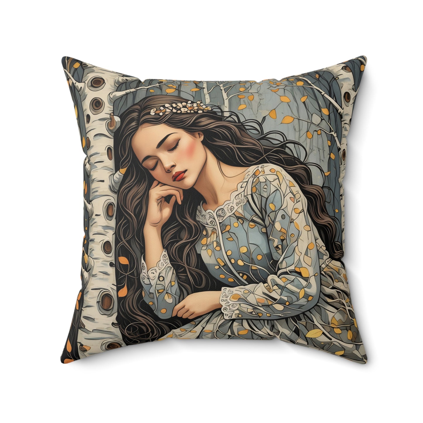 Square Pillow - Sleeping Beauty of the Birch Forest Fairy Hill Studio Art Design