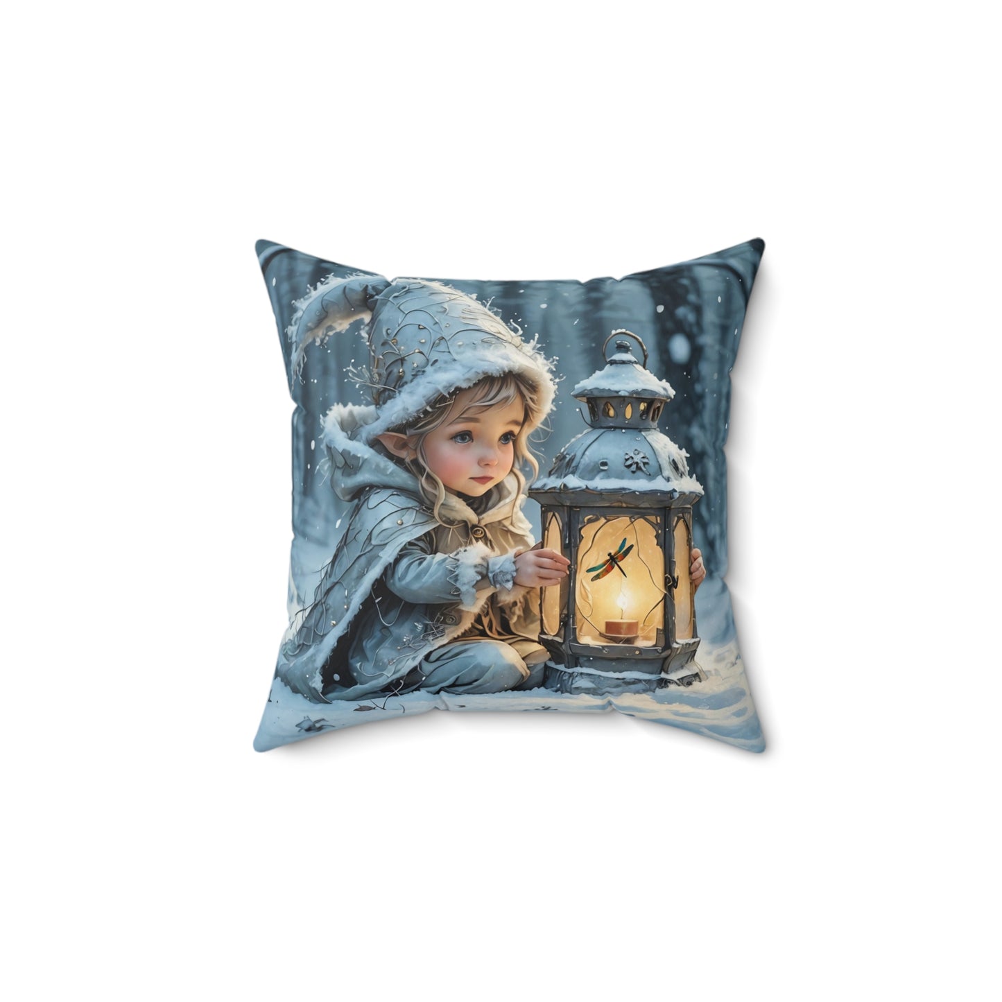 Square Pillow Winter Fairy Elf Dragonfly Lantern Art