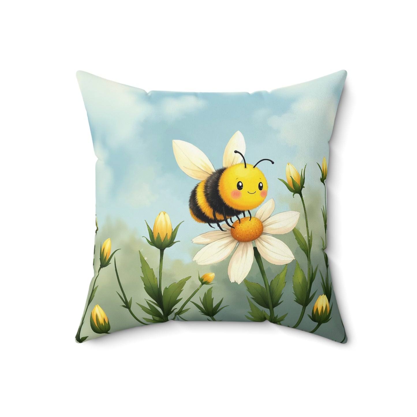 Square Pillow - Cute Honey Bee in Flower Garden by Fairyhill Studio