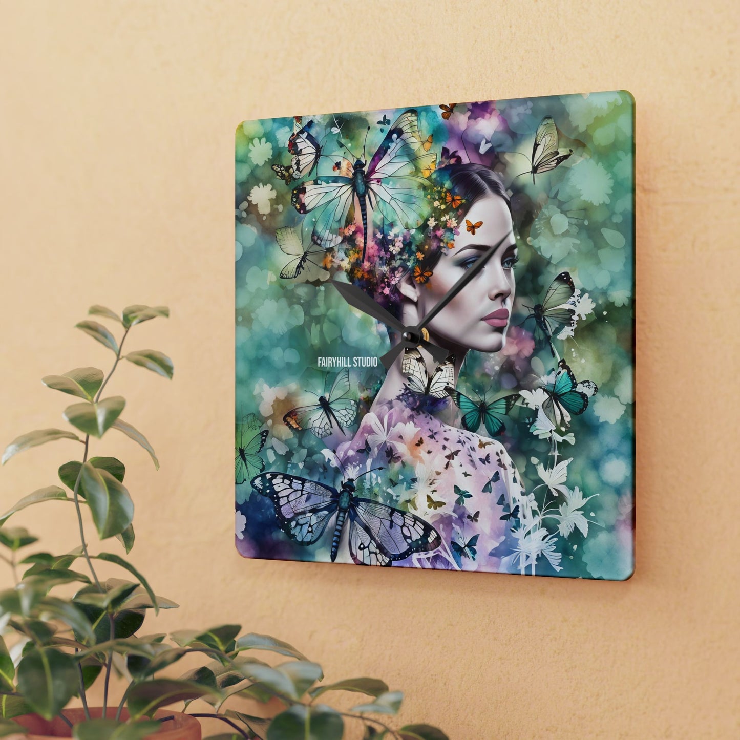 Acrylic Wall ClockLady in Butterfly Santuary /Art