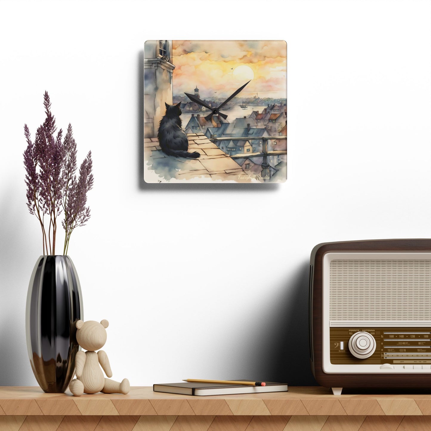 Black Cat on a roof top - by Fairyhill Studio Wall clock Gift Acrylic Wall Clock