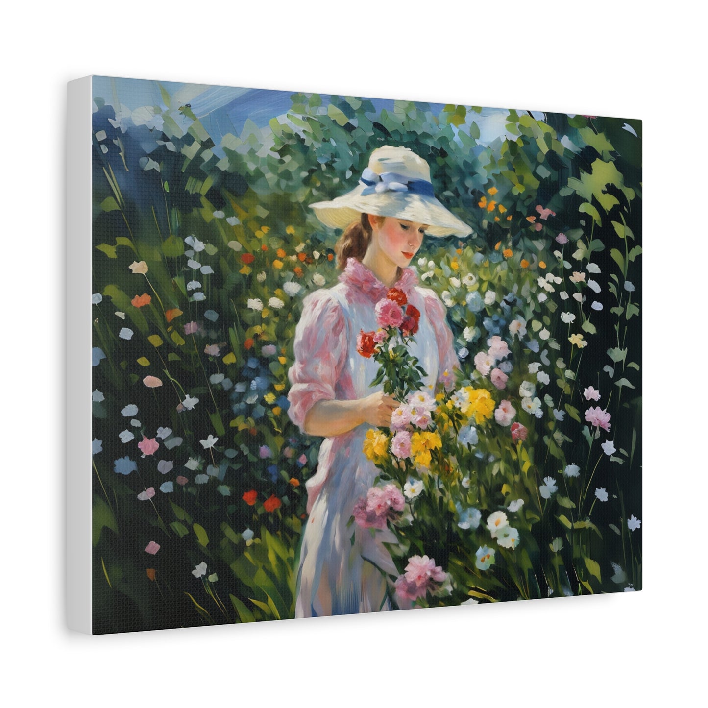 Canvas Art - Monet Style Floral Serenity with Elegant Woman and Flower Basket, Stretched Matte 1 25"