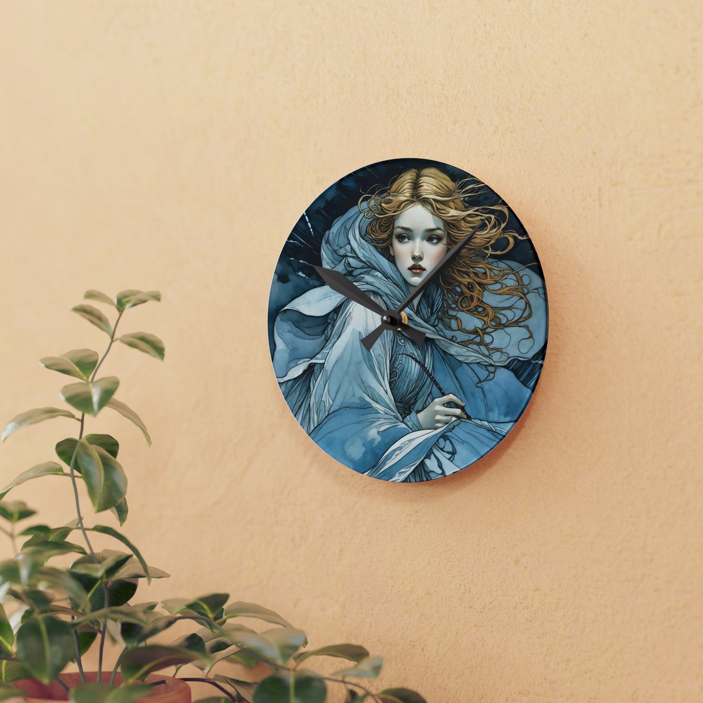 Acrylic Wall Clock Blue fairy with a dragonfly art by Fairyhill studio