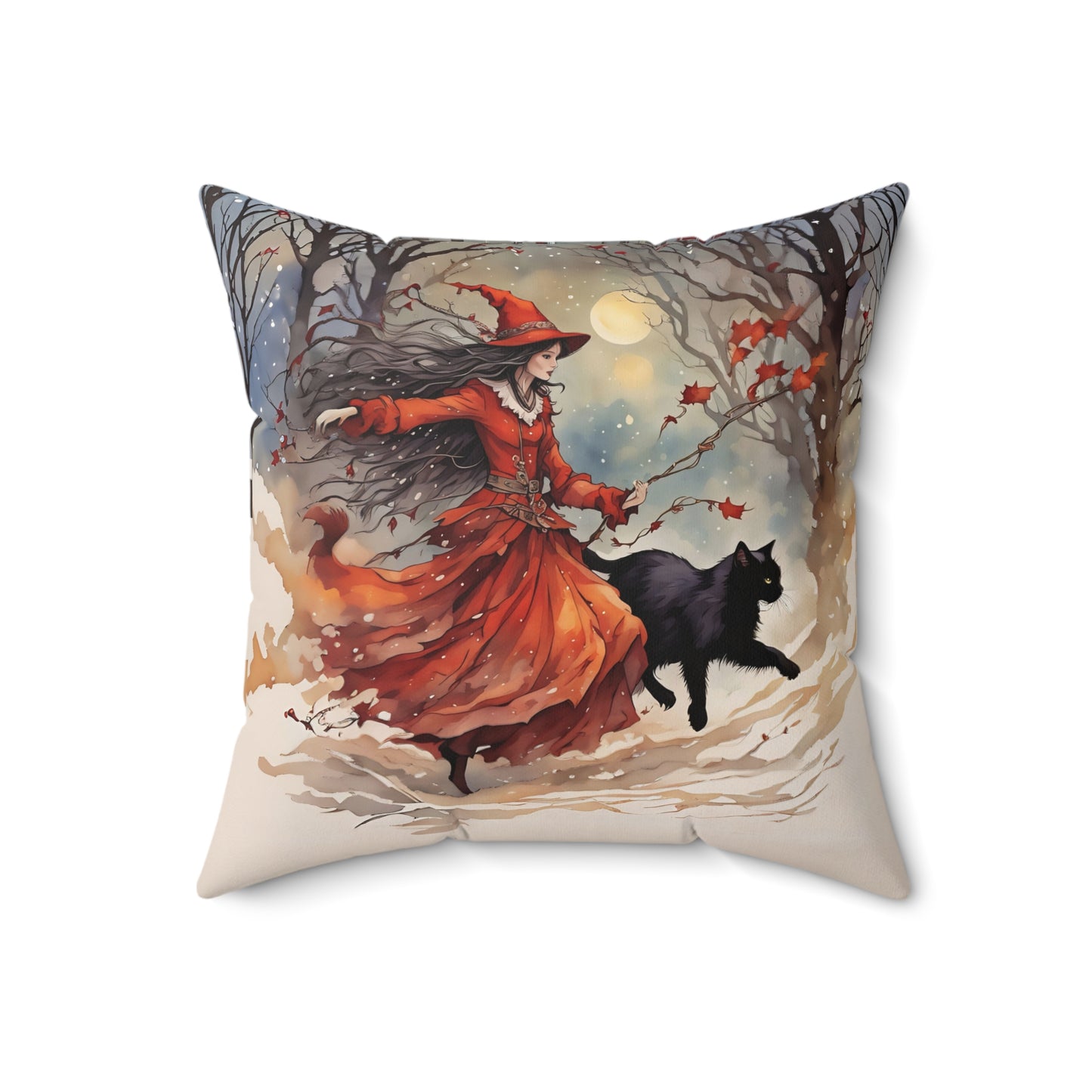 Crimson witch with black cat pillow Square Pillow - by Fairyhill Studio