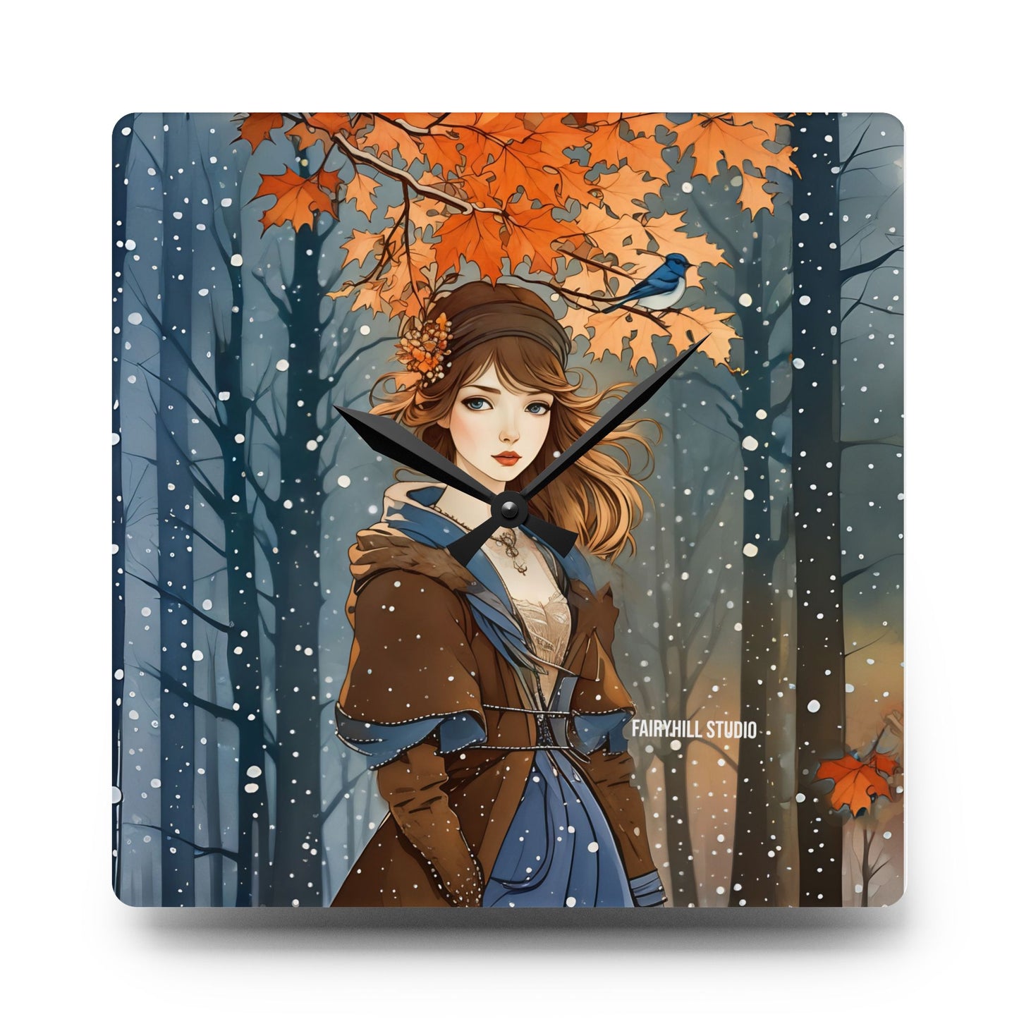 Acrylic Wall Clock - Blue Bird and Girl in Winter Clothing - Autumn to Winter Snow Theme