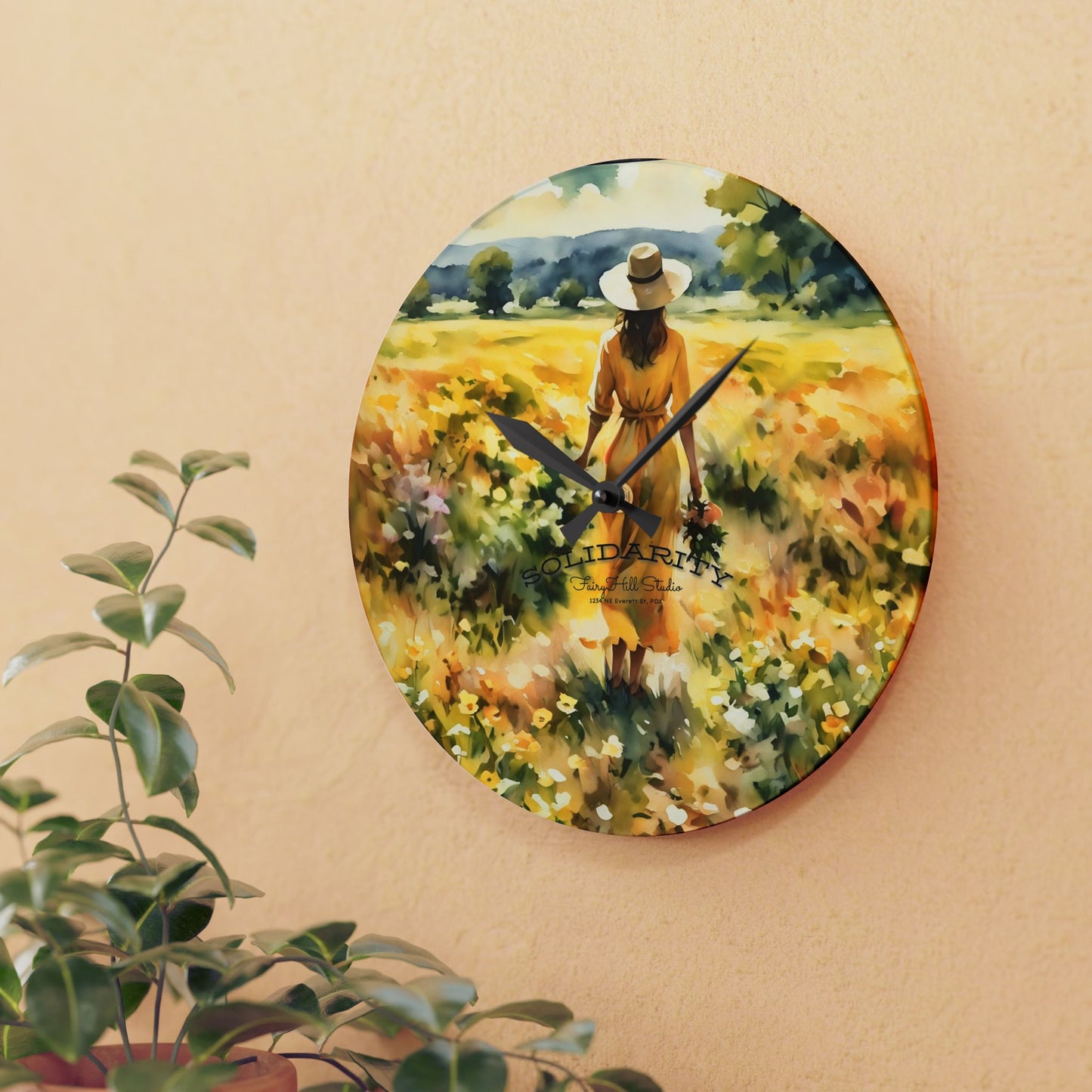 Acrylic Wall Clock - Serenity Elegant Woman in Daffodils Field Art