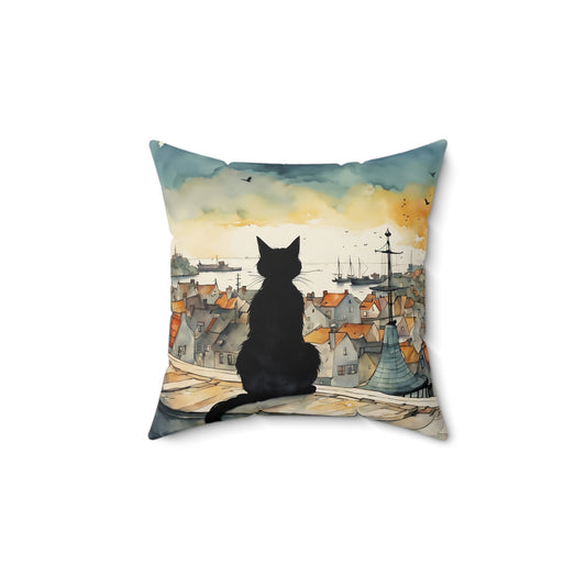 Black cat on a balcony  Square Pillow - by Fairyhill Studio