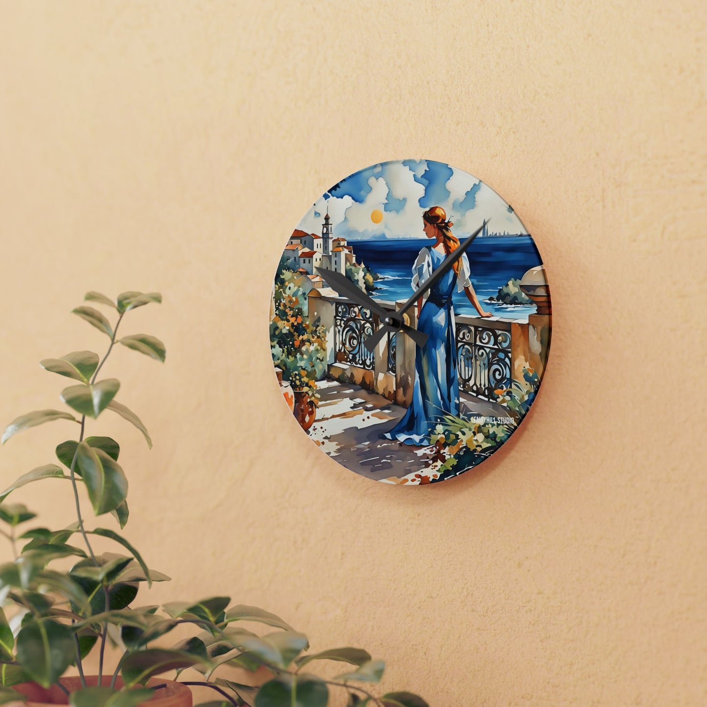 Acrylic Wall Clock - Mediterranean Balcony Sea View Watercolor Art