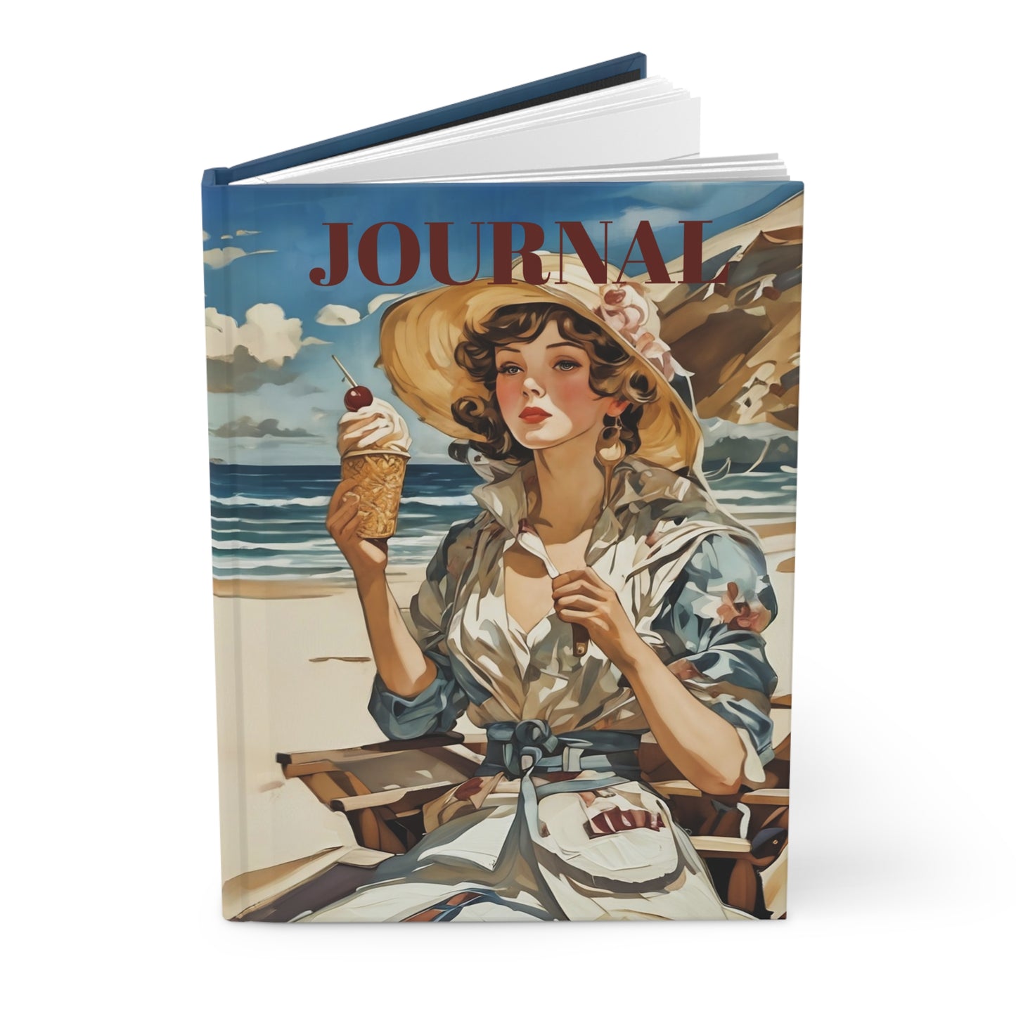 Hardcover Vintage Model with an icecram at the beach Art Matte
