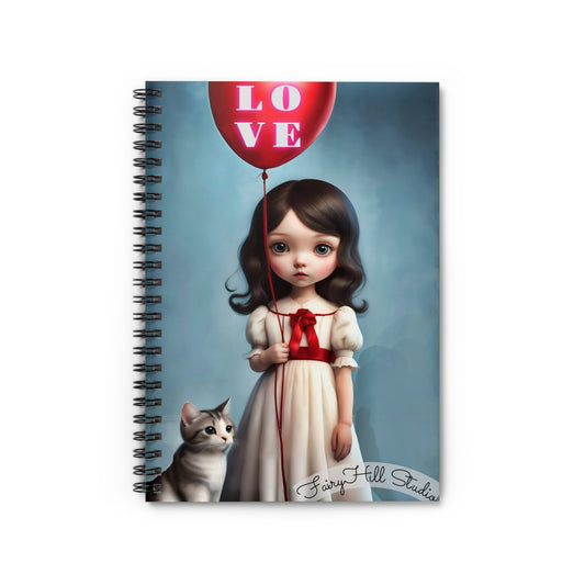 Ruled Line Notebook - Girl with Red Balloon and cat Art by Fairyhill Studio