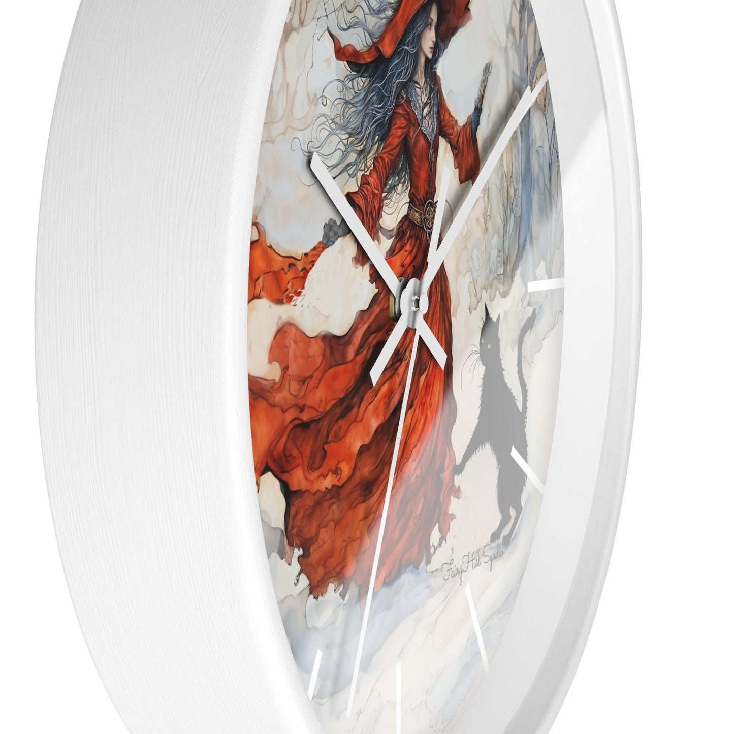 Crimson Witch with black cat Wall Clock, Boho Home Decor, Cat Lover Gift, Cozy Living Room Accessory, Unique Cat Artwork