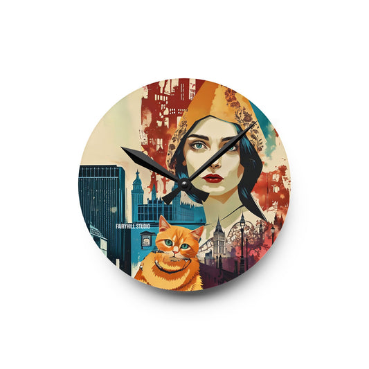 Acrylic Wall Clock - Yellow cat in London /Art