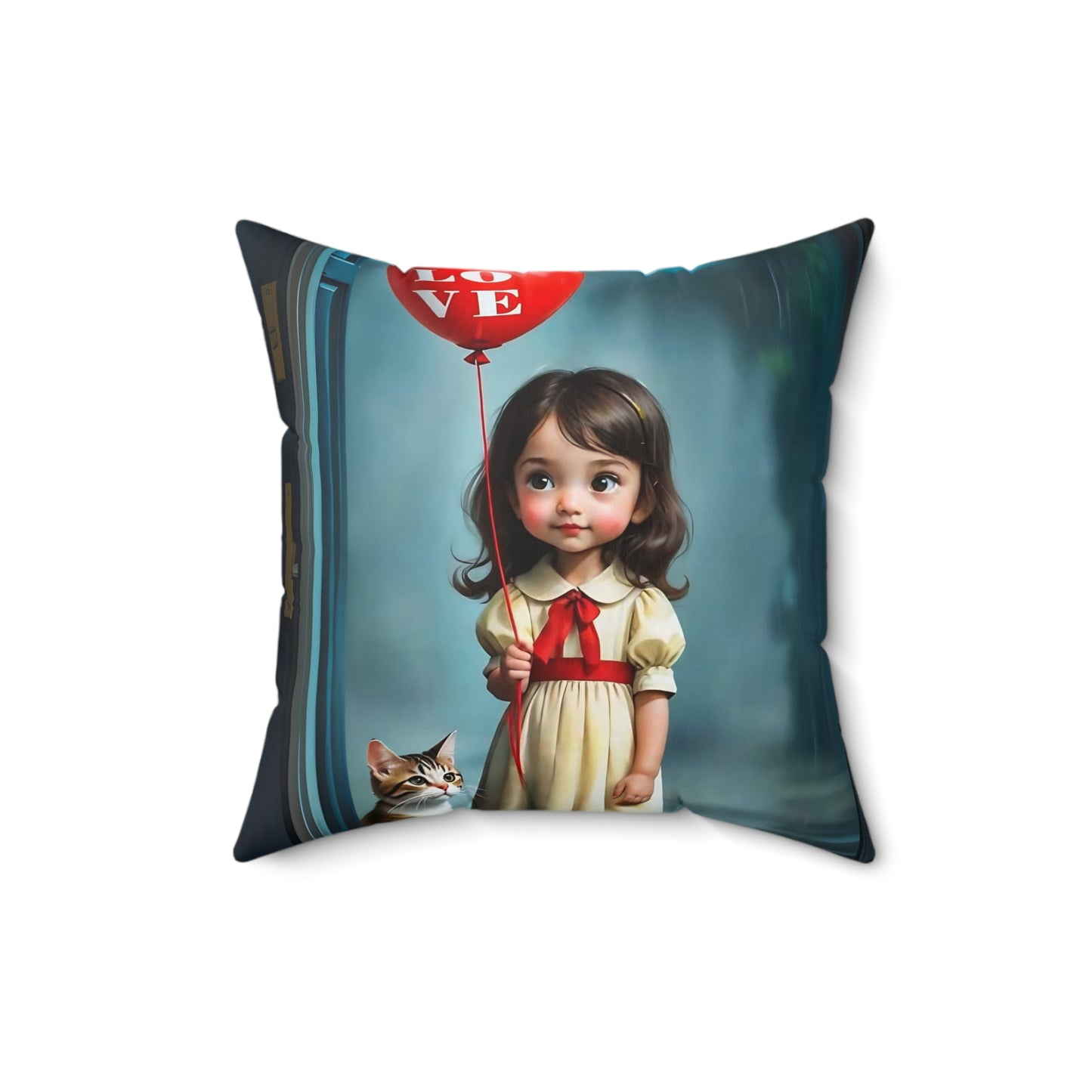 Square Pillow - Cute Girl with Red Love Balloon and Cat Art by Fairyhill Studio