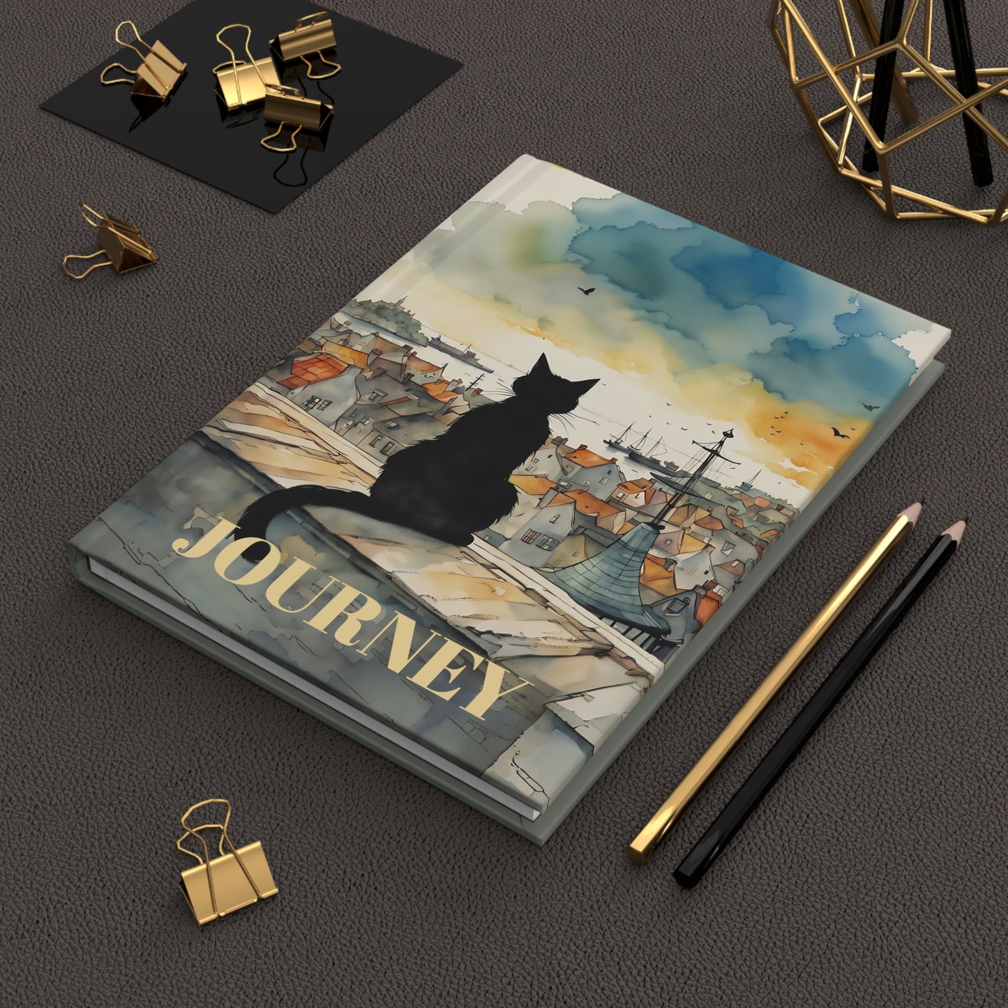 Black cat on a roof top hard cover Journal hard Cover ,Notebook gift art Matte