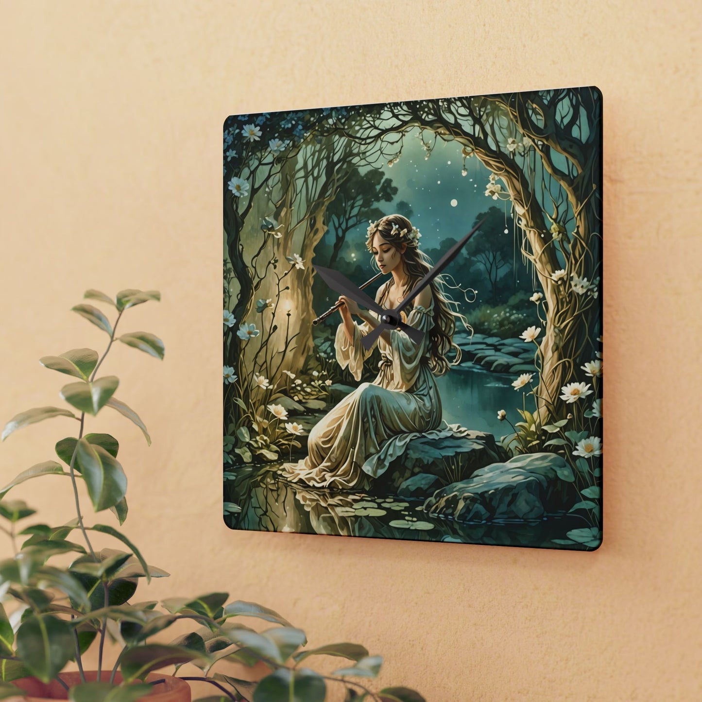 Wall Clock - Enchanting Fairy Nymph Playing Flute by a River Design by Fairyhill Studio