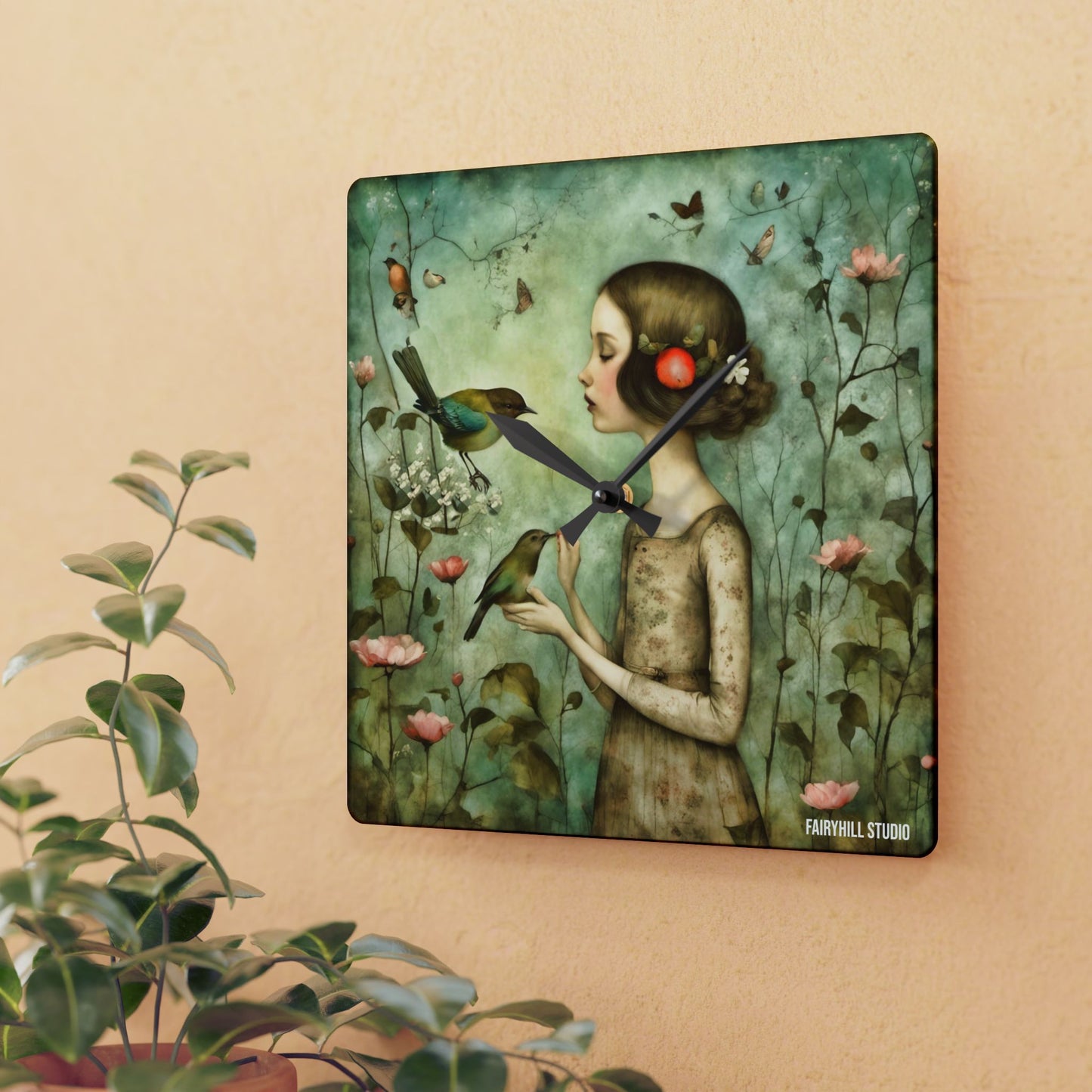 Acrylic Wall Clock - Meditative Girl with Song Birds Artwork