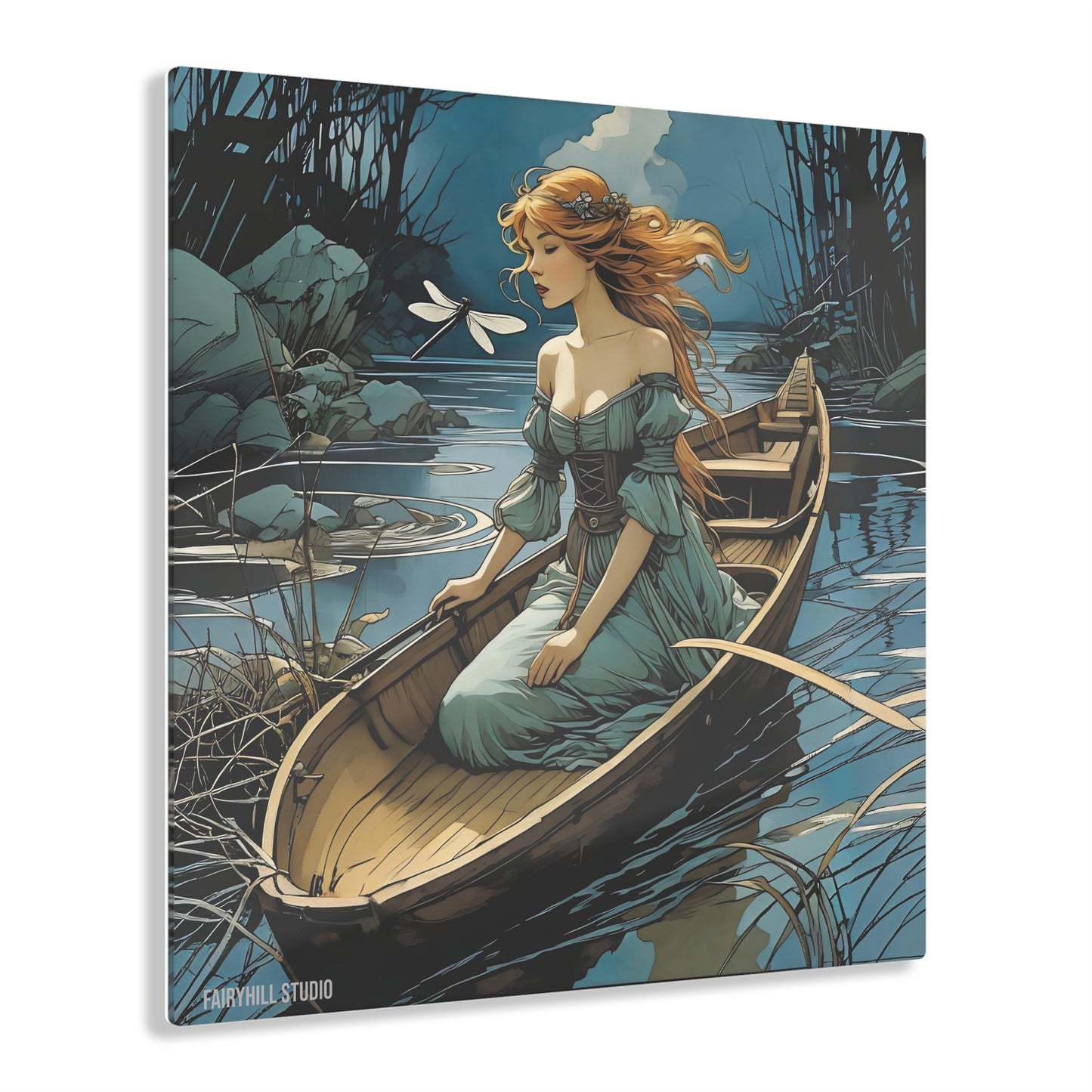 Art Acrylic Prints - Girl in a Boat with Dragonfly