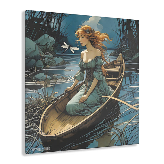 Art Acrylic Prints - Girl in a Boat with Dragonfly