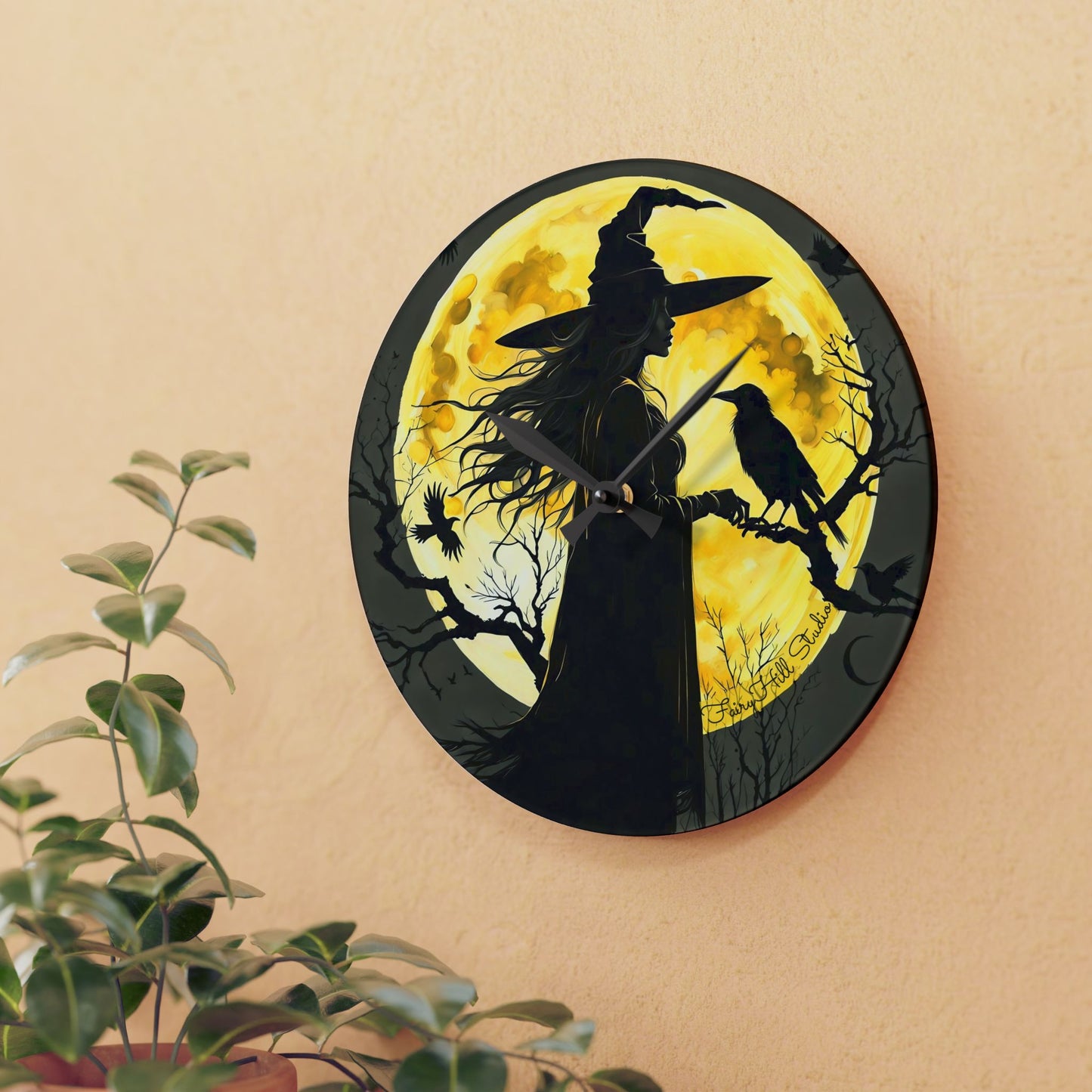 Wall Clock Moon Witch and Crow Halloween Decor