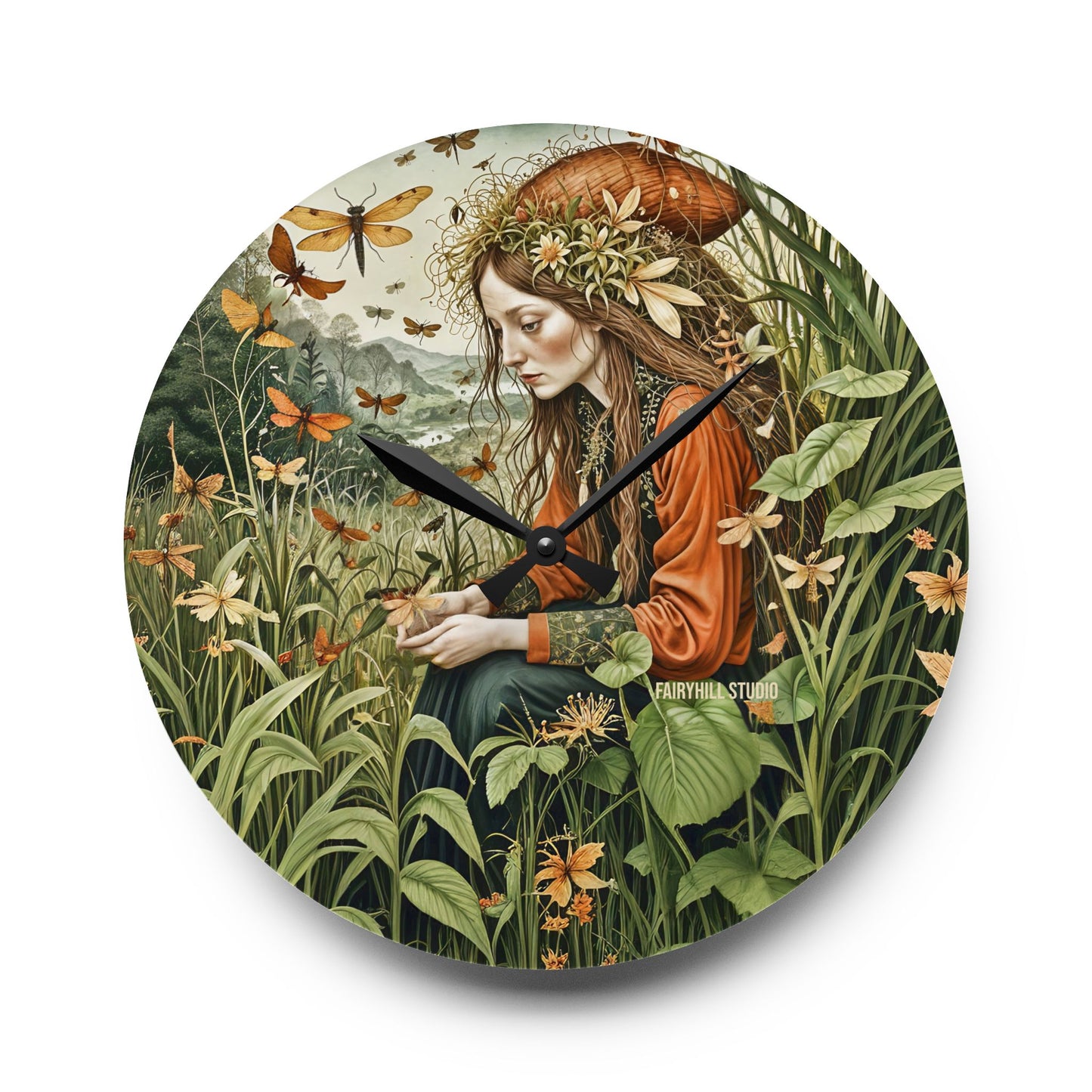 Acrylic Wall Clock - Botanical garden and Dragonflies Art