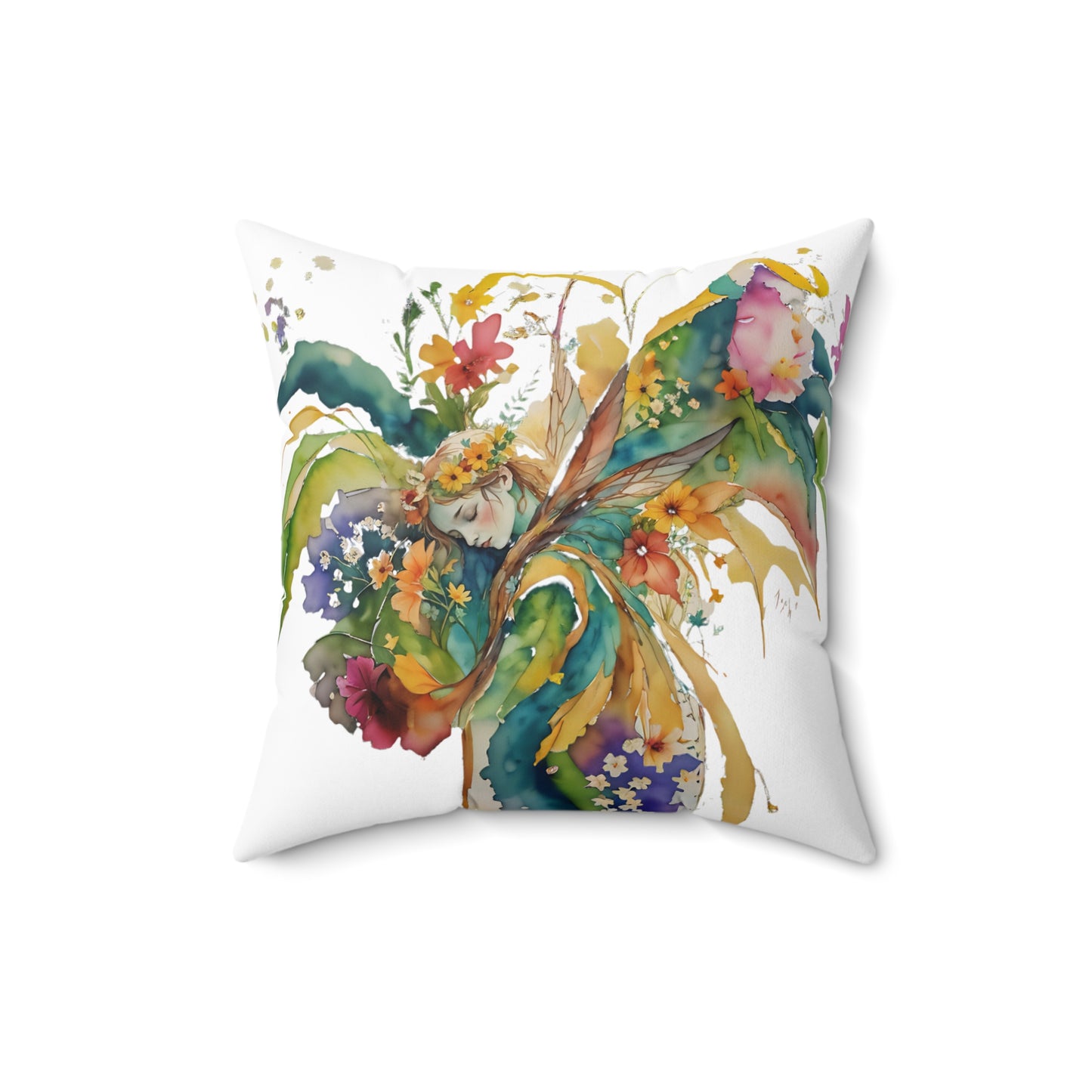 Square Pillow - Colorful nature spirit angel in flowers Spun Polyester Pillow