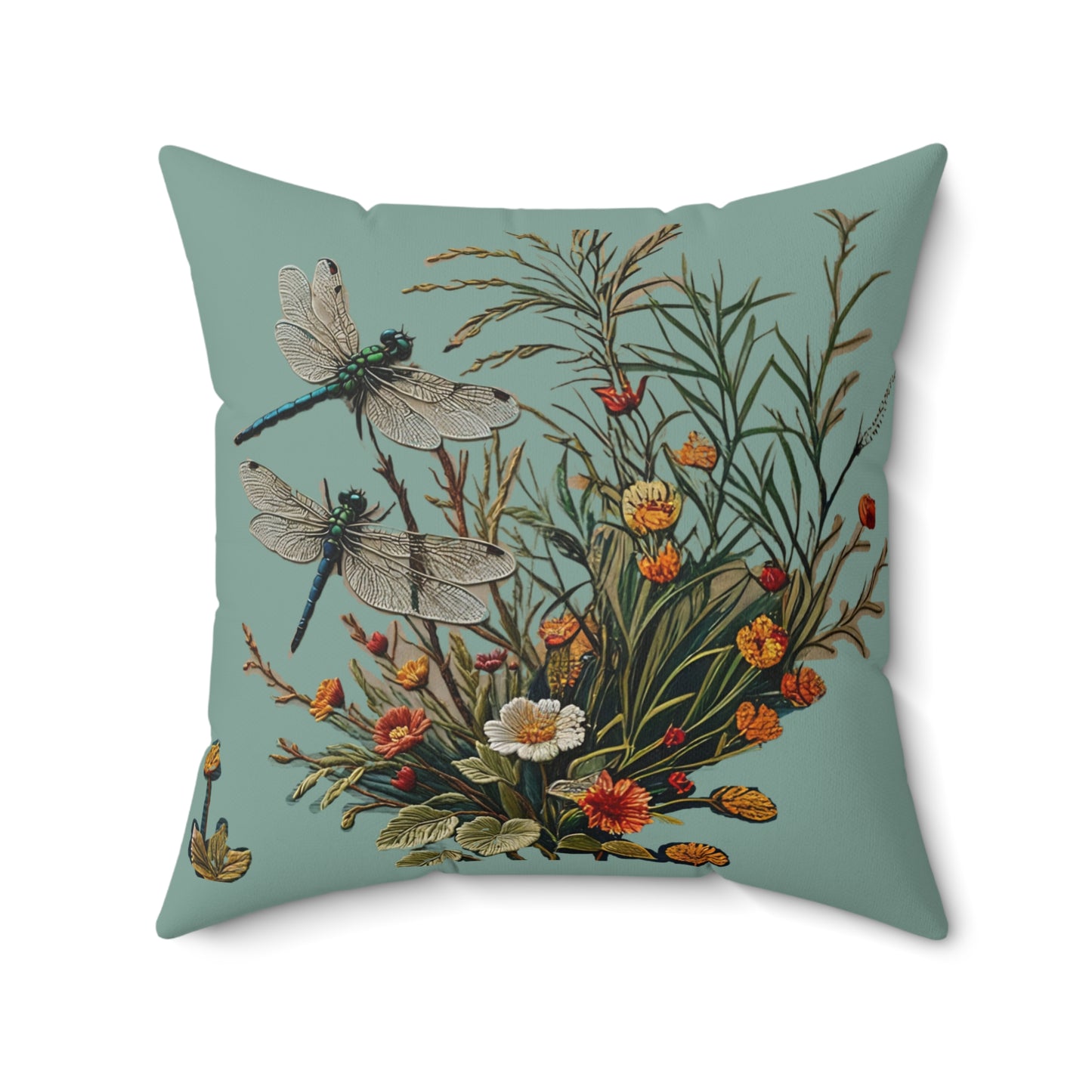 Square Pillow - Dragonflies on a Blue Pond with flowers Art by Fairyhill Studio