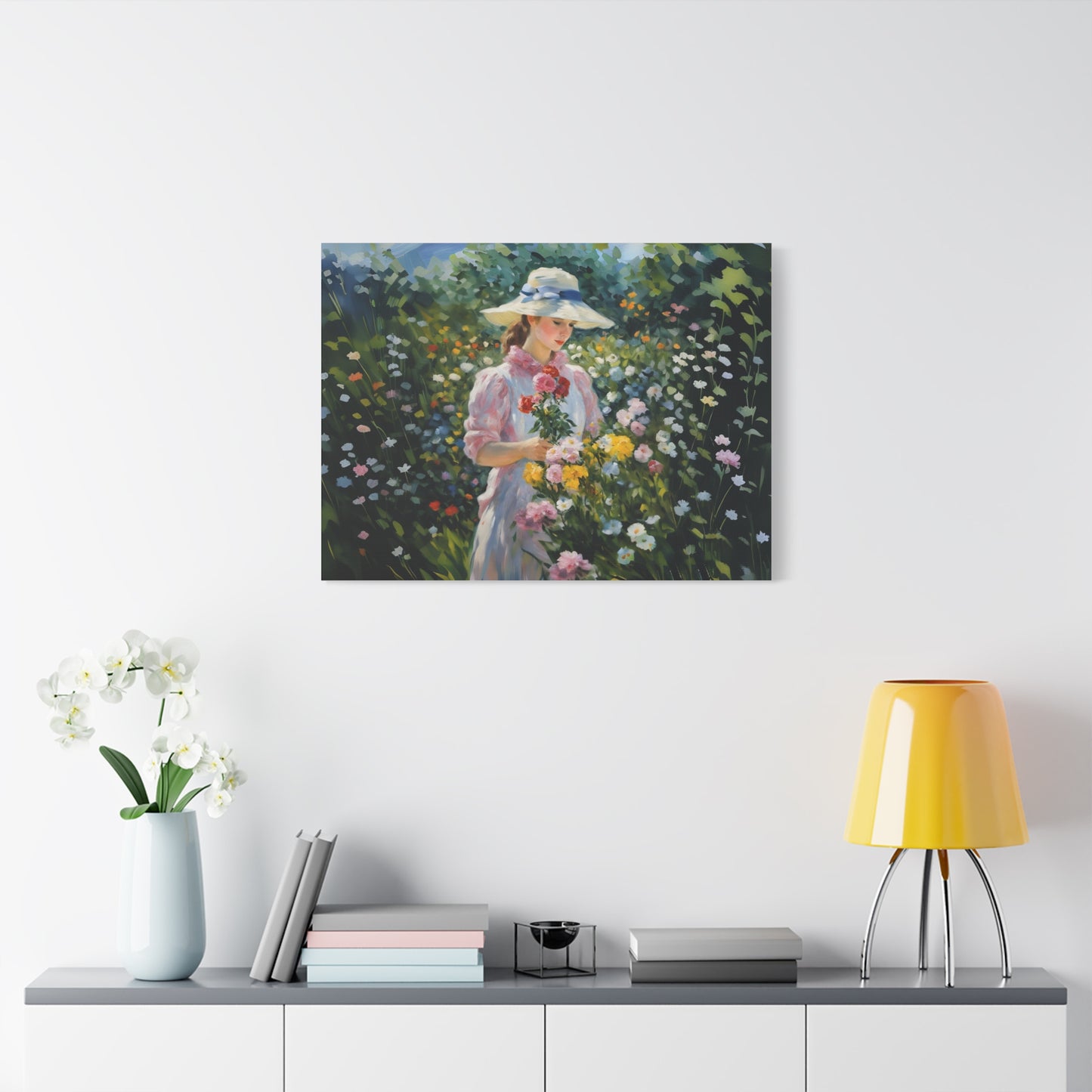 Canvas Art - Monet Style Floral Serenity with Elegant Woman and Flower Basket, Stretched Matte 1 25"
