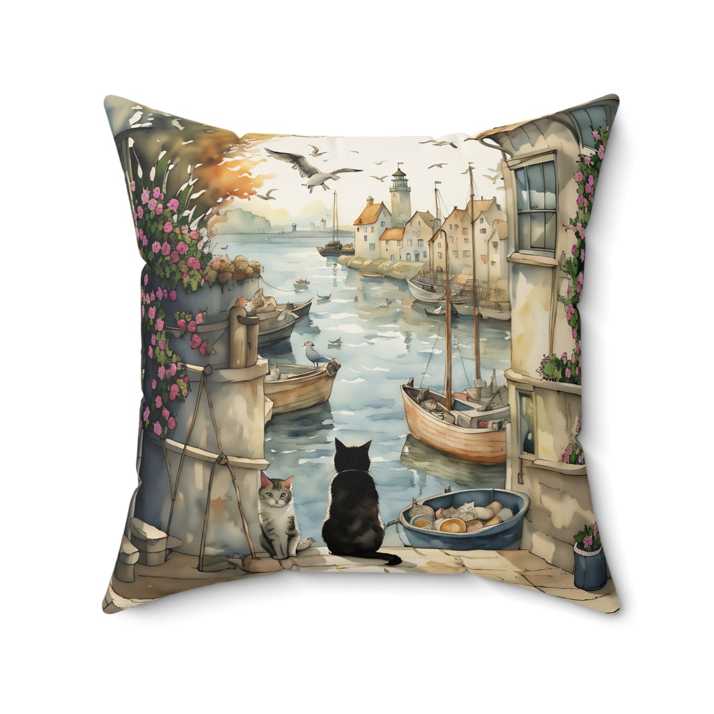 Harbour Cats Square Pillow - by Fairyhill Studio