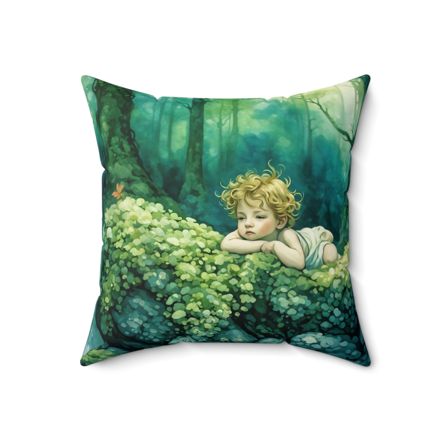 Cherub in the woods Square Pillow - by Fairyhill Studio