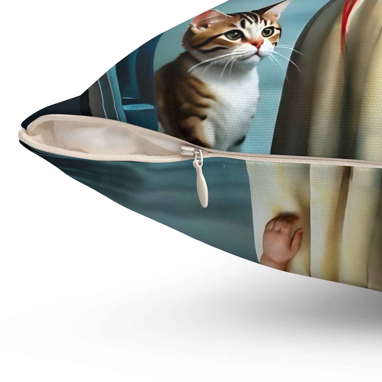 Square Pillow - Cute Girl with Red Love Balloon and Cat Art by Fairyhill Studio