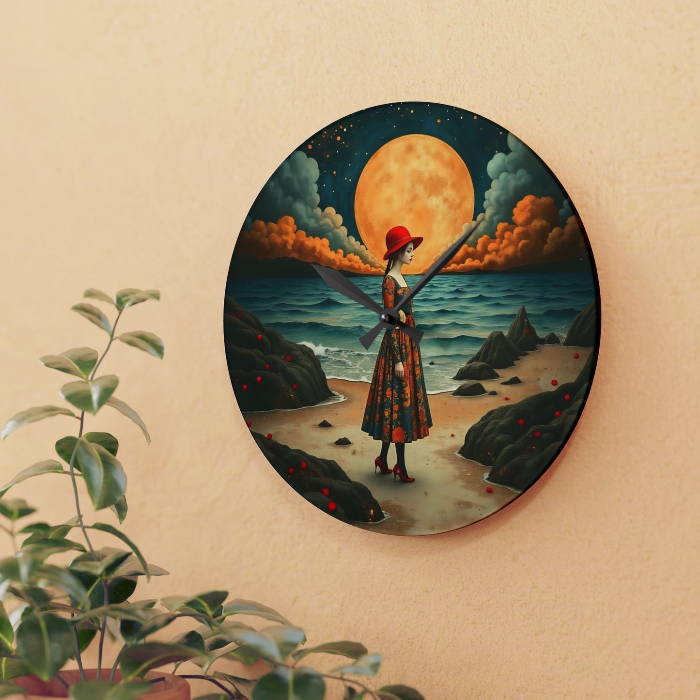 Moon girl with red hat Wall clock Gift Acrylic Wall Clock