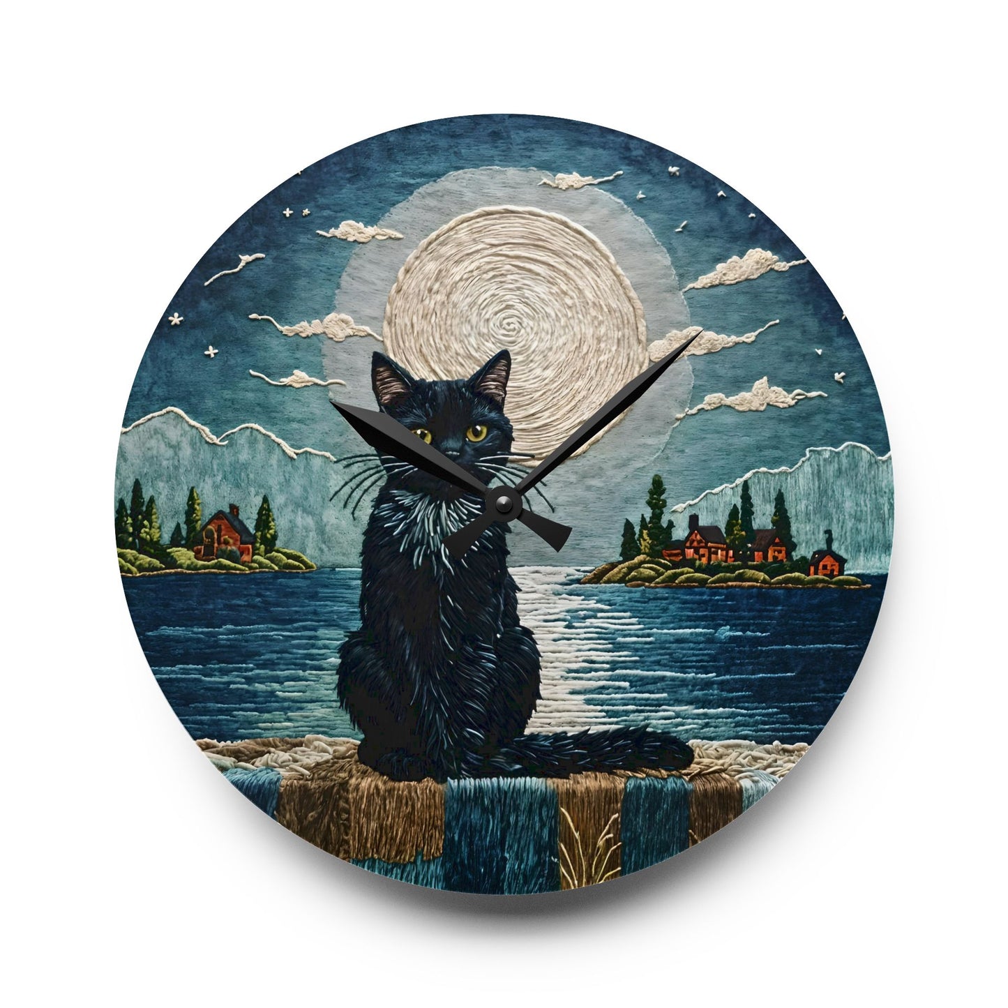 Acrylic Wall Clock - Black Cat Sea Moonlight Art by Fairyhill Studio