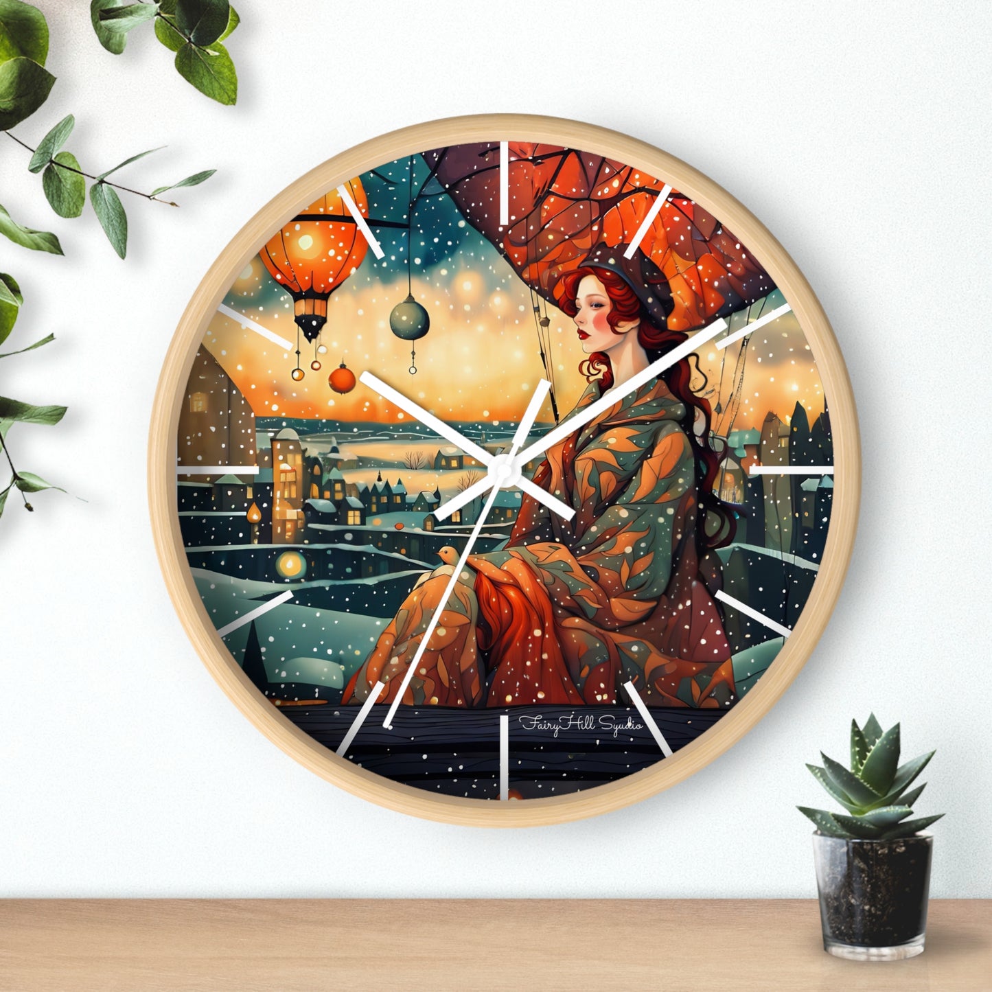 Whimsical City snow Wall Clock, Boho Home Decor, Cat Lover Gift, Cozy Living Room Accessory, Unique Cat Artwork