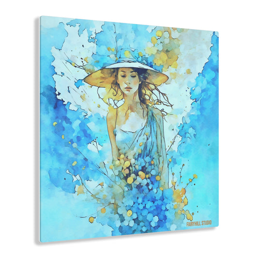 Art Acrylic Print - Blue Summer Inspirational Girl in Hat Dress by FairyHill Studio