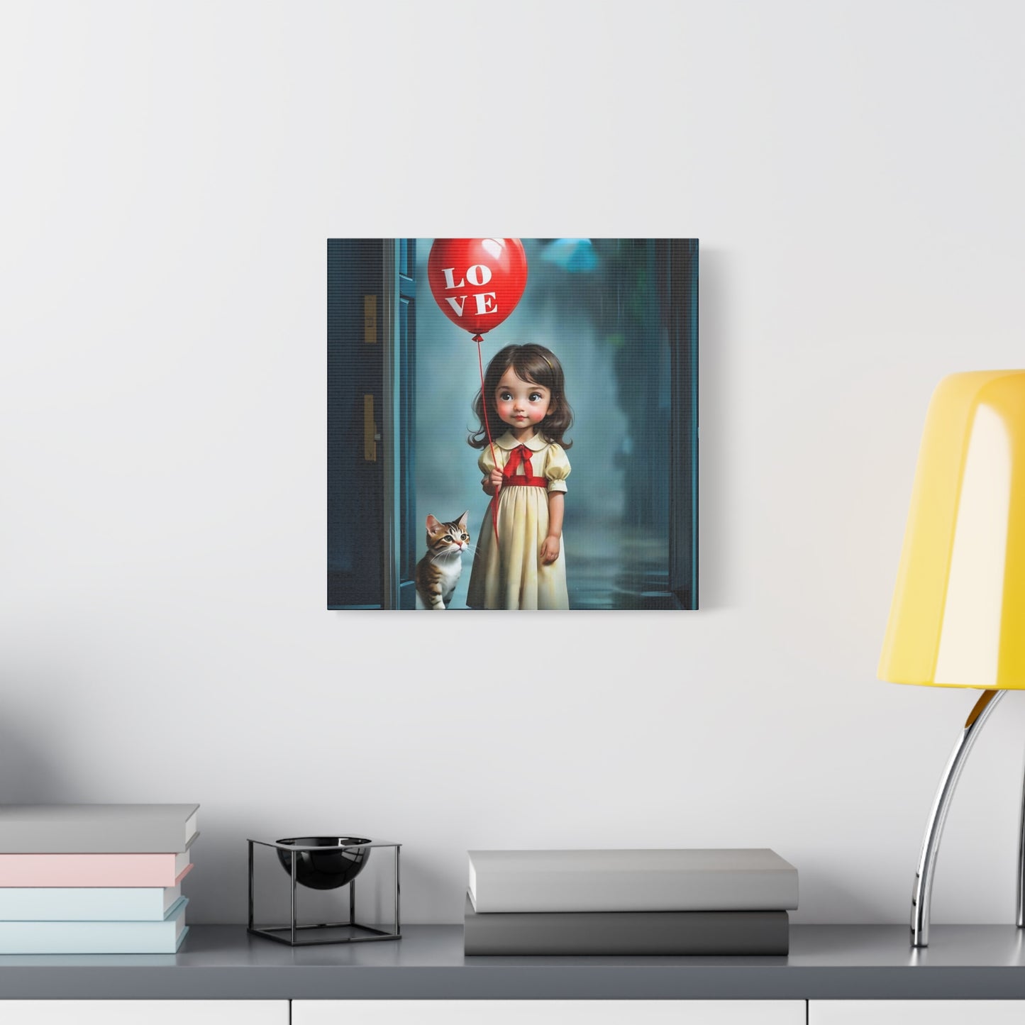 Canvas Print - Cute Girl with Red Love Balloon and Cat Art by Fairyhill Studio