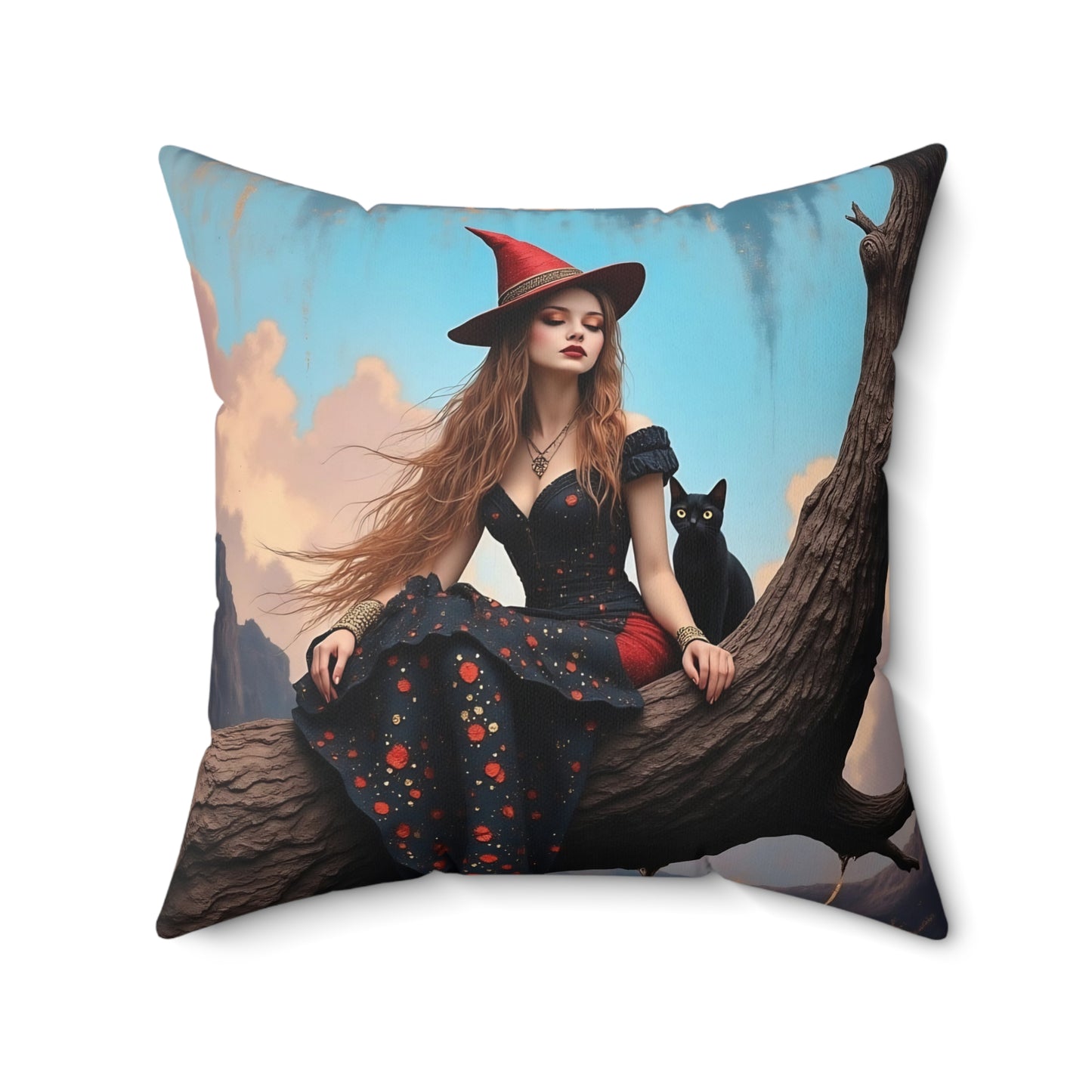 Elegant witch with black cat Square Pillow - by Fairyhill Studio