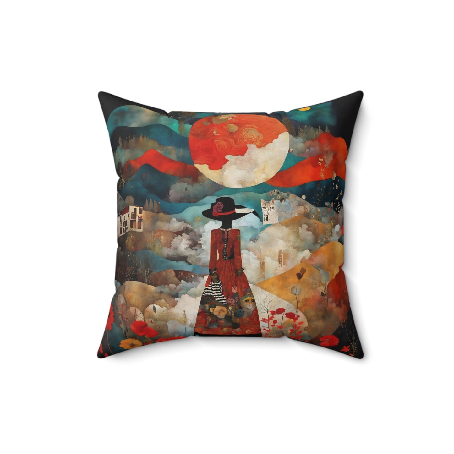Moon struck/Red poppies Square Pillow - by Fairyhill Studio