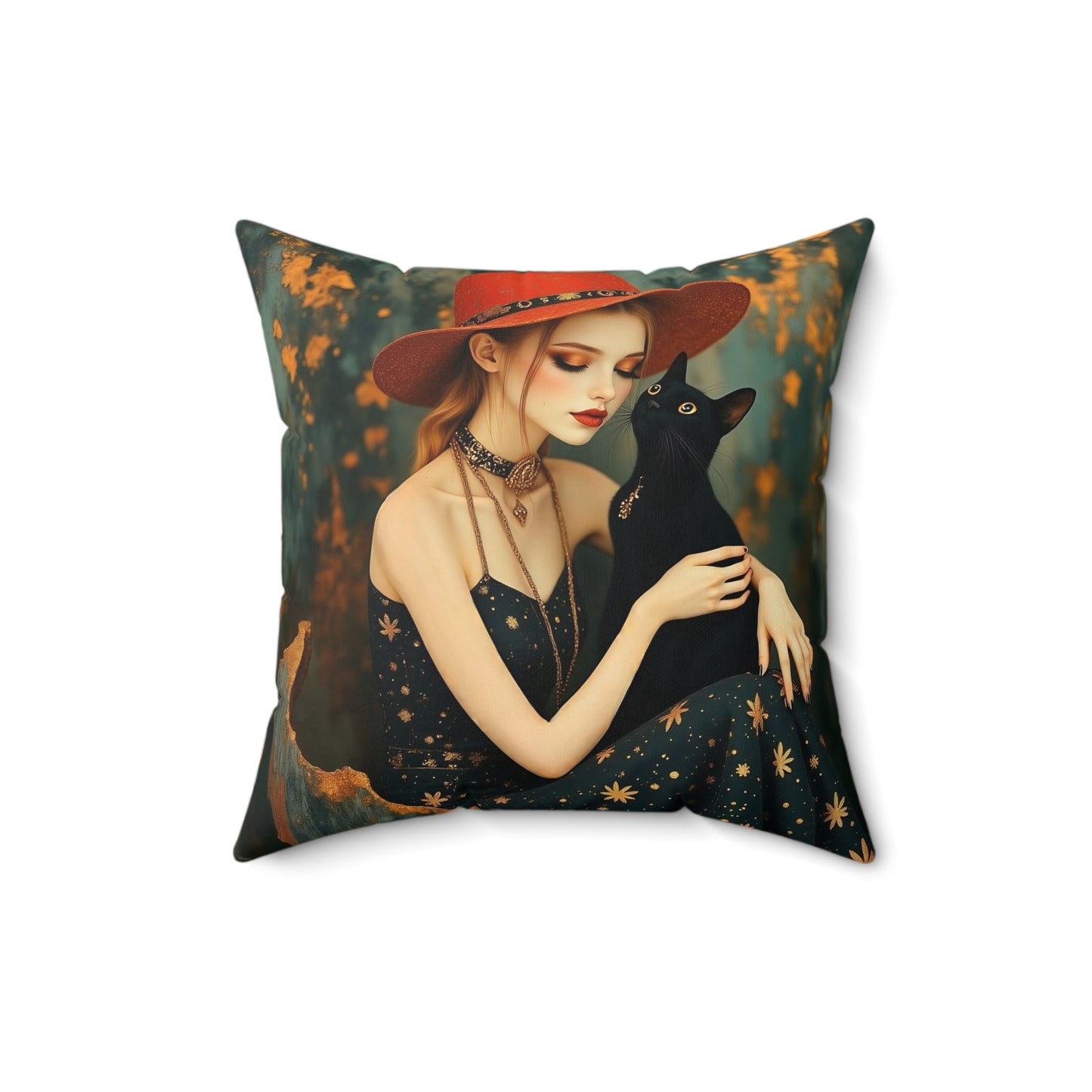Girl with black cat  Square Pillow - by Fairyhill Studio