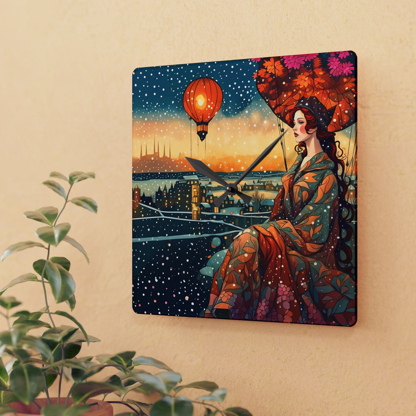 Acrylic Wall Clock - City Watching Girl with Hot Air Balloons Snowy Day Design