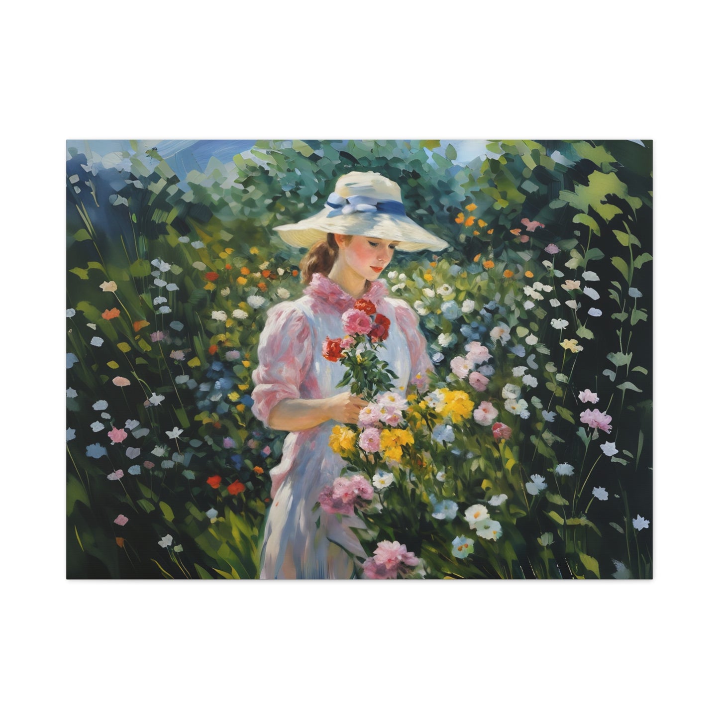 Canvas Art - Monet Style Floral Serenity with Elegant Woman and Flower Basket, Stretched Matte 1 25"