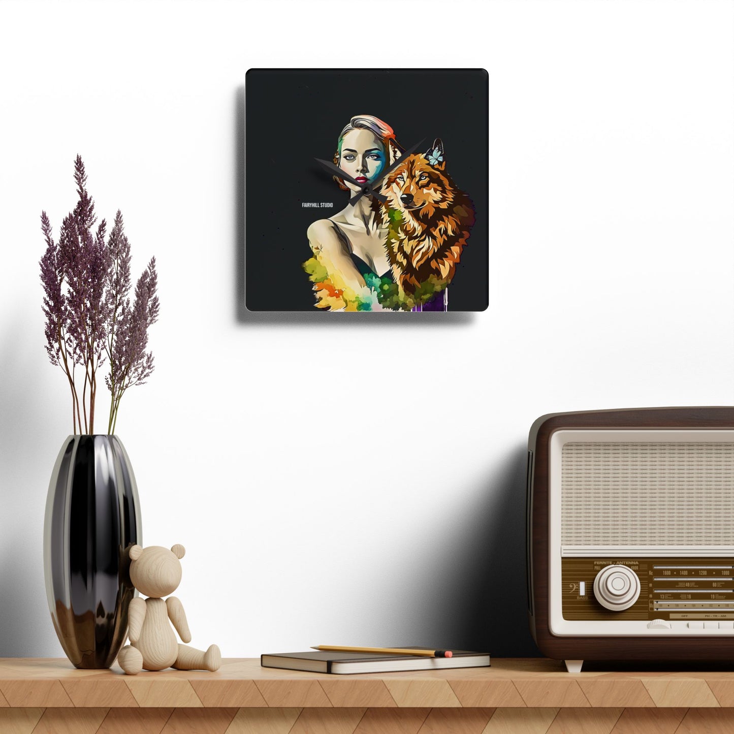 Acrylic Wall Clock -Girl withSpirit Animal Wolf/Art