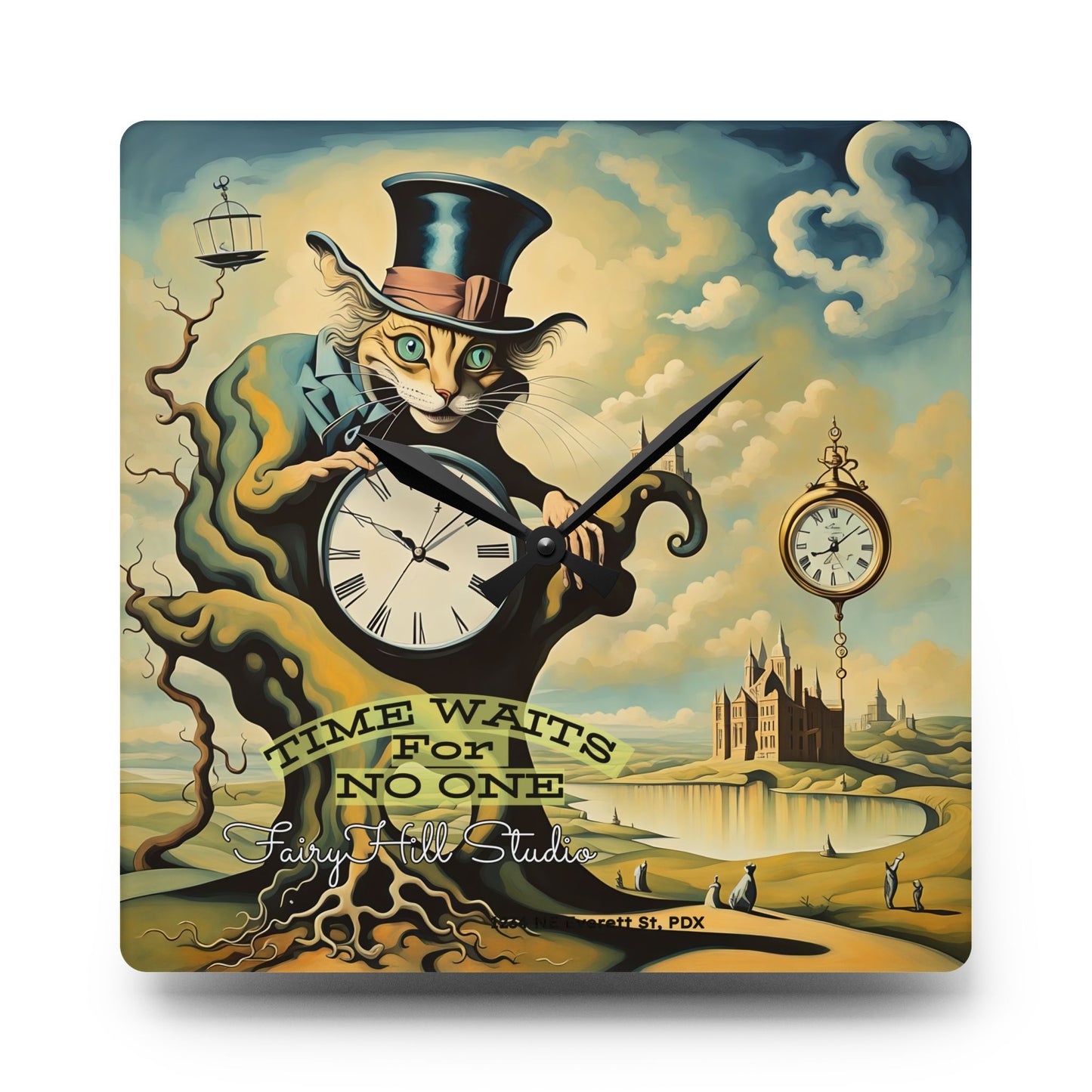 Wall Clock Mad Hatter Cat Illustration