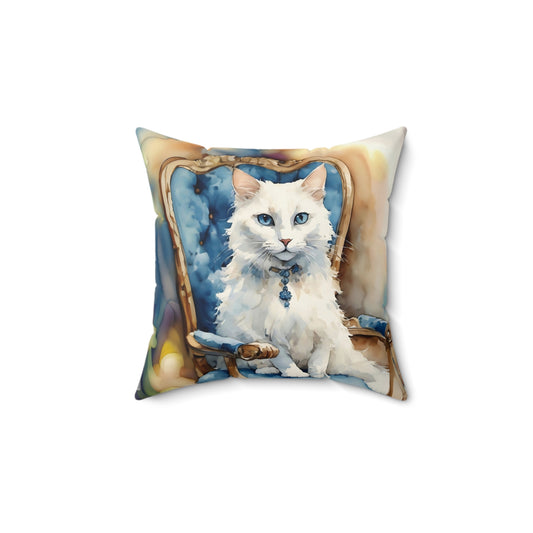 Square Pillow Adorable White Cat with Blue Eyes Art by Fairyhill Studio