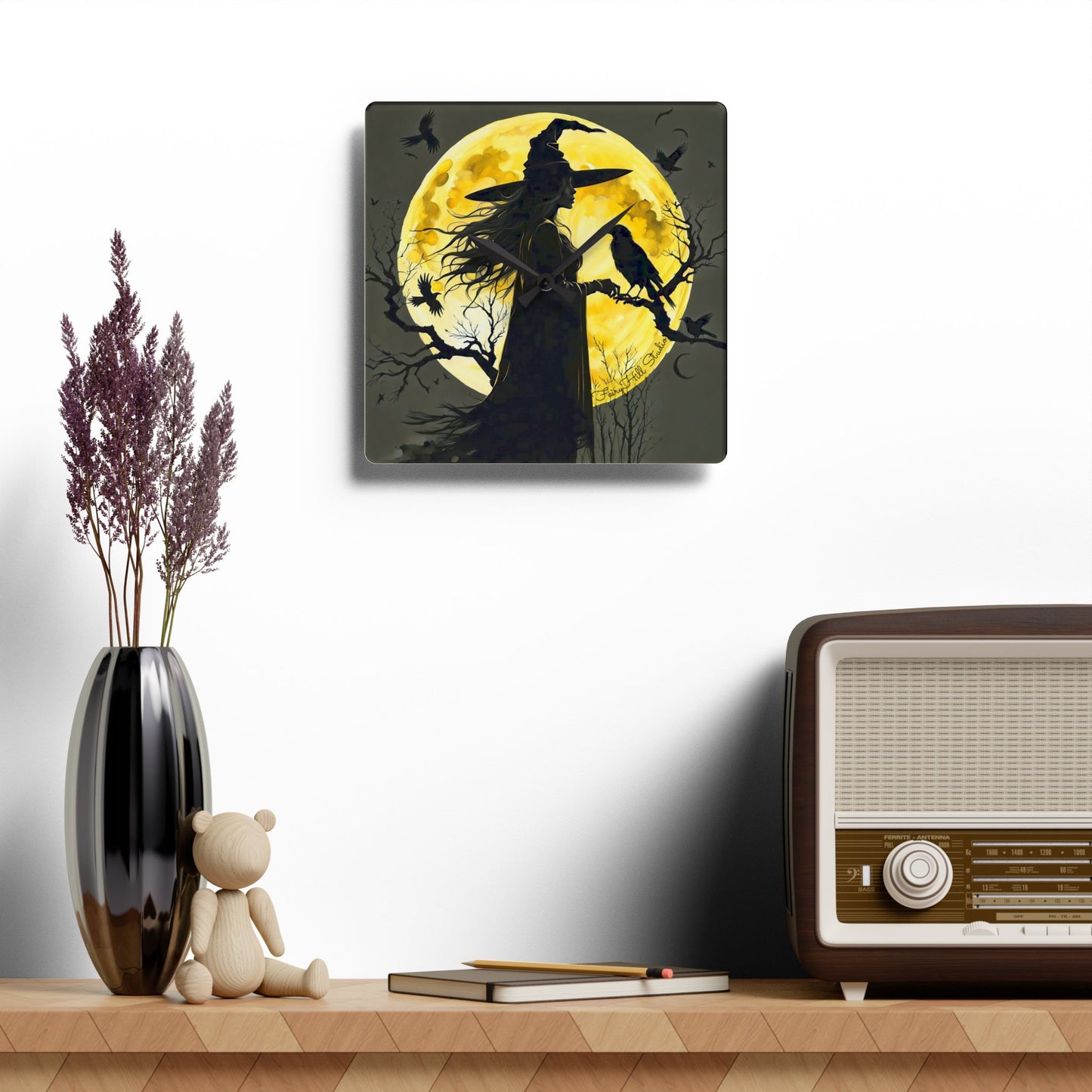 Wall Clock Moon Witch and Crow Halloween Decor