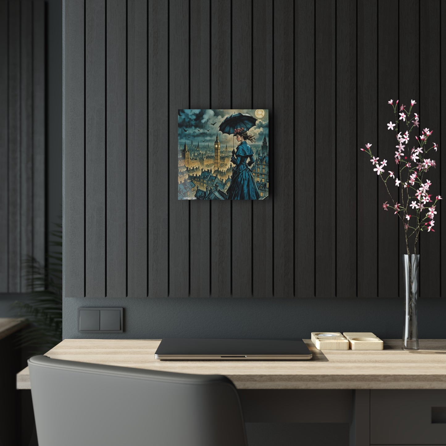Art Acrylic Prints Marry Poppins on a London City roof top under rain