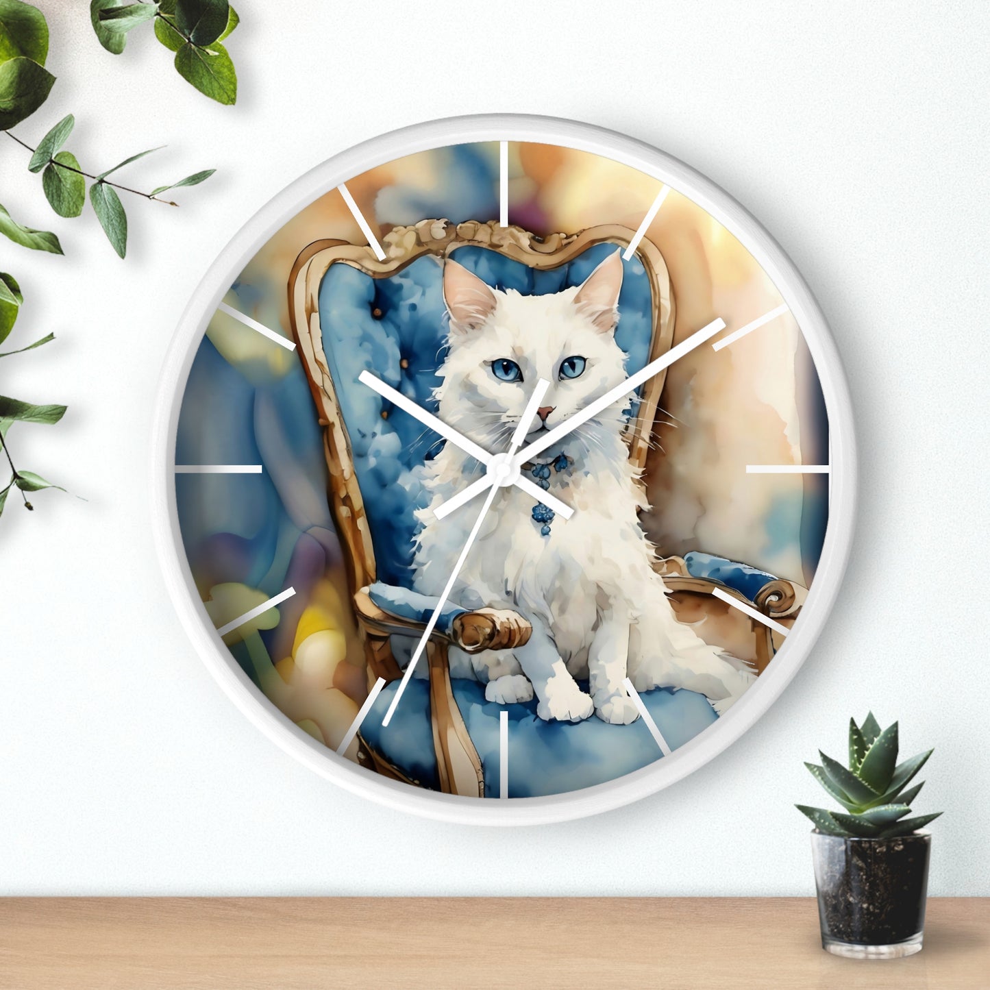 Fairy Hill Studio" White cat " Wall Clock