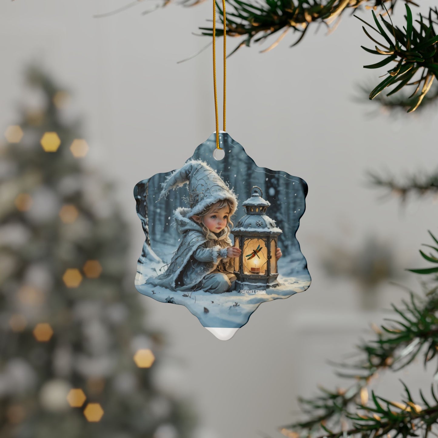 Ceramic Ornaments - Magical Holiday Elf with Dragonfly Lantern Art